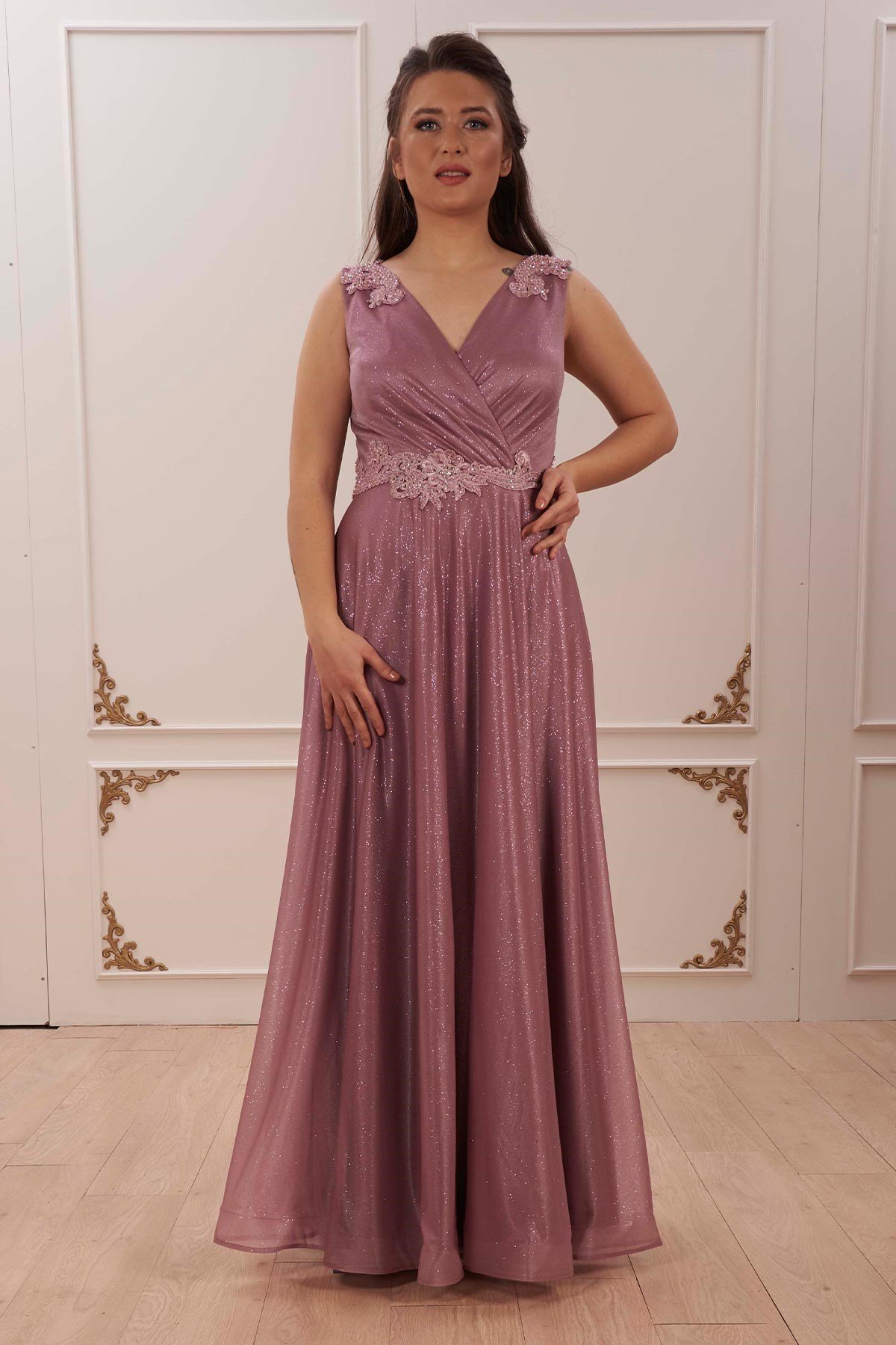 20178 BB Kruv.Yaka Bel Omuz Taşlı Simli Uzun Abiye