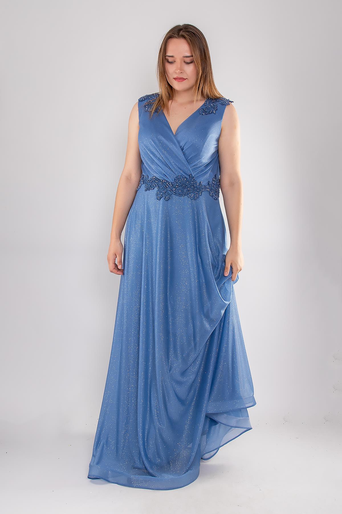 20178 BB Kruvaze Yaka Bel Omuz Taşlı Simli Uzun Abiye