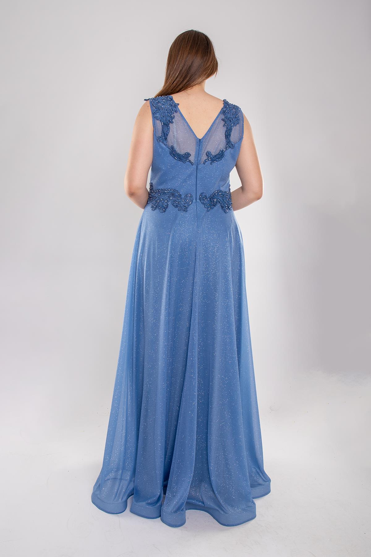 20178 BB Kruvaze Yaka Bel Omuz Taşlı Simli Uzun Abiye