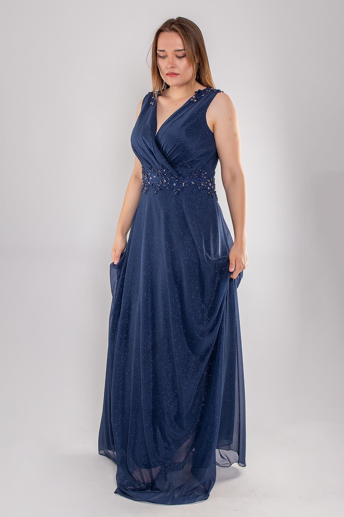 20178 BB Kruvaze Yaka Bel Omuz Taşlı Simli Uzun Abiye