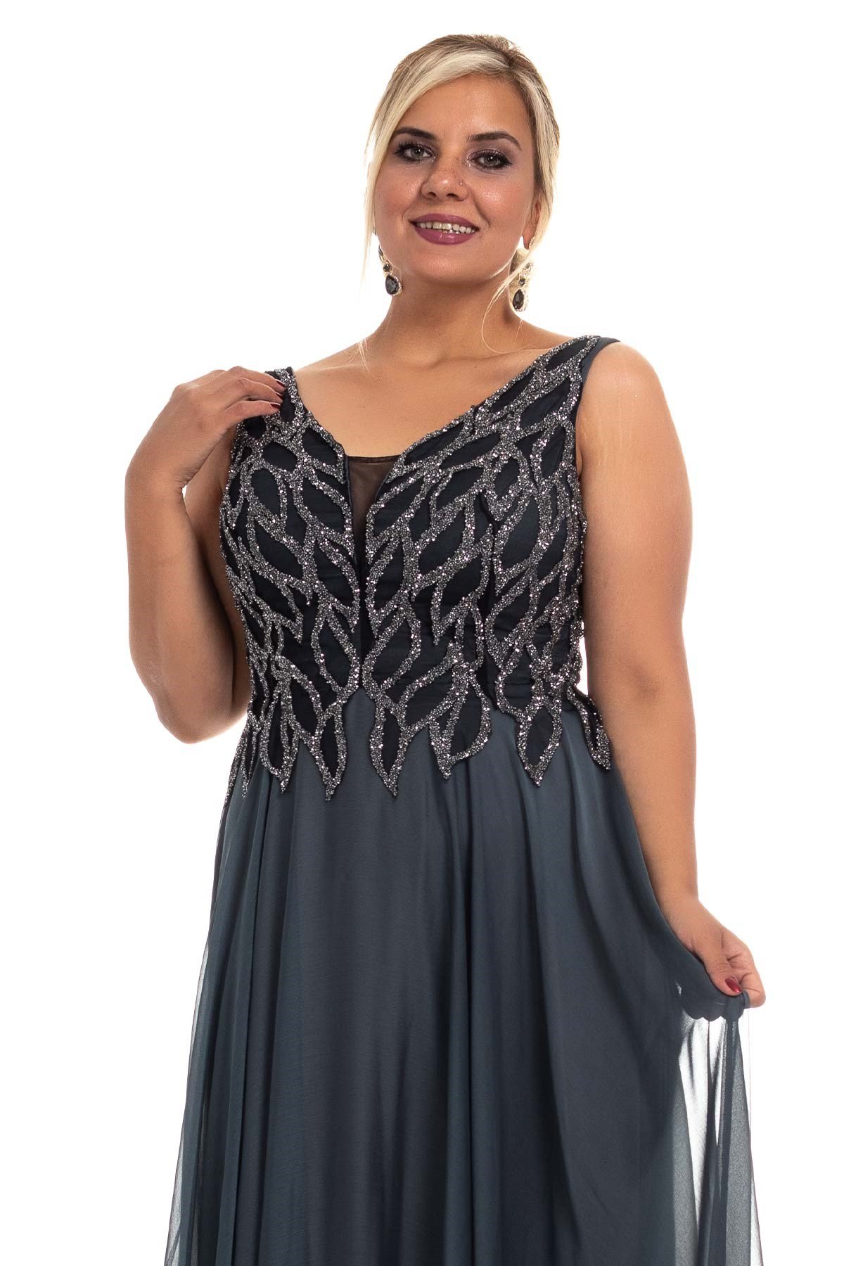 20191 BB Suyolu Taş Baskılı Saten Uzun Elbise