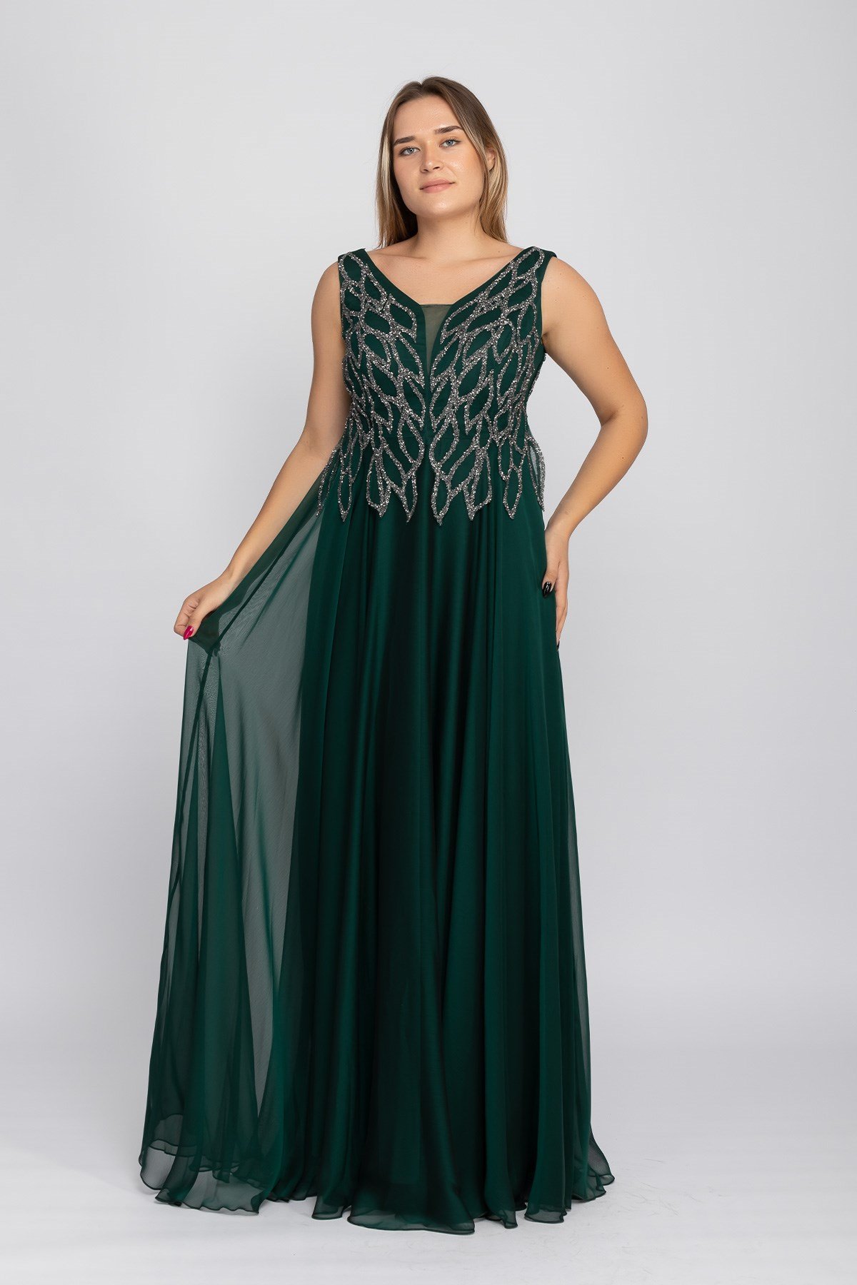 20191 Büyük Beden Suyolu Taş Baskılı Saten Uzun Elbise