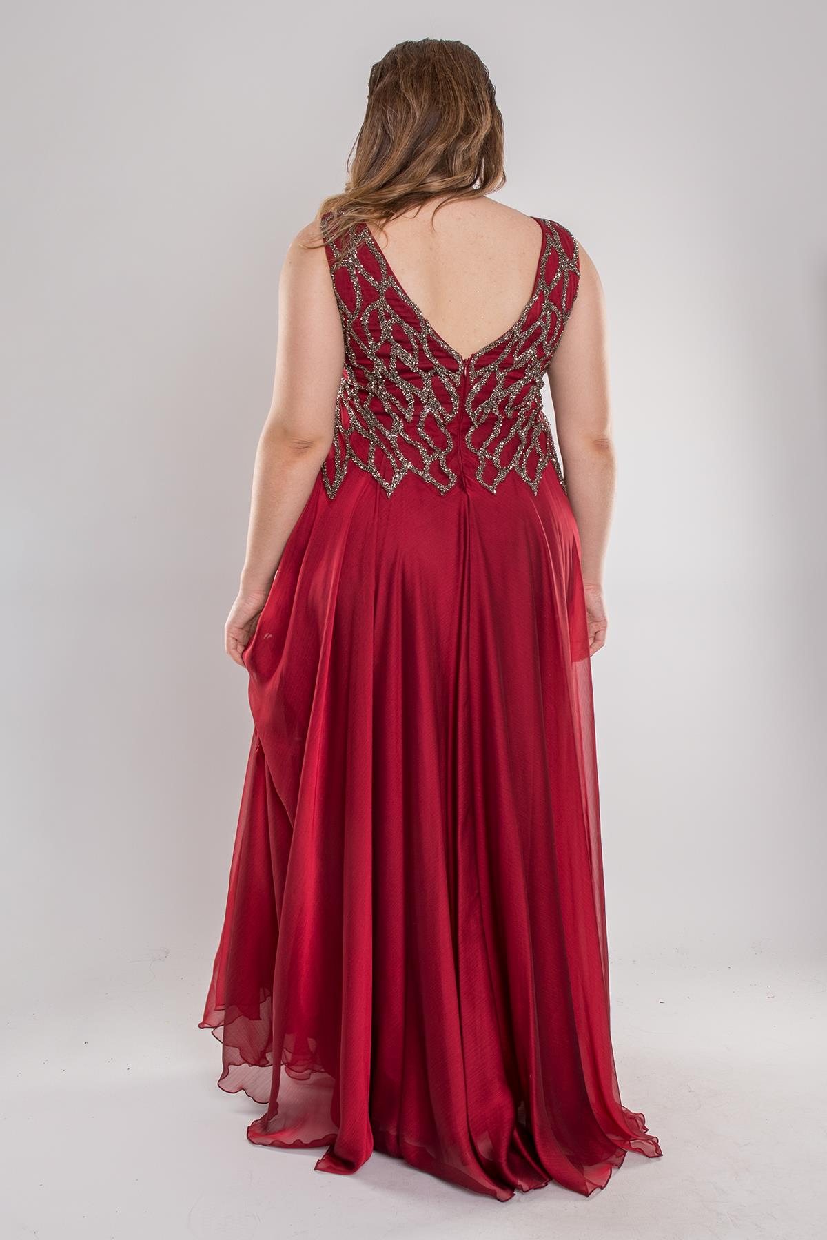 20191 Büyük Beden Suyolu Taş Baskılı Saten Uzun Elbise