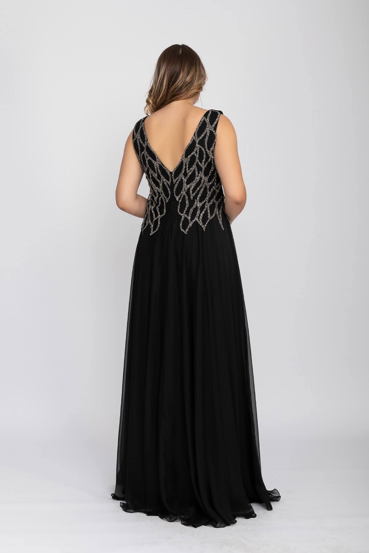 20191 Büyük Beden Suyolu Taş Baskılı Saten Uzun Elbise