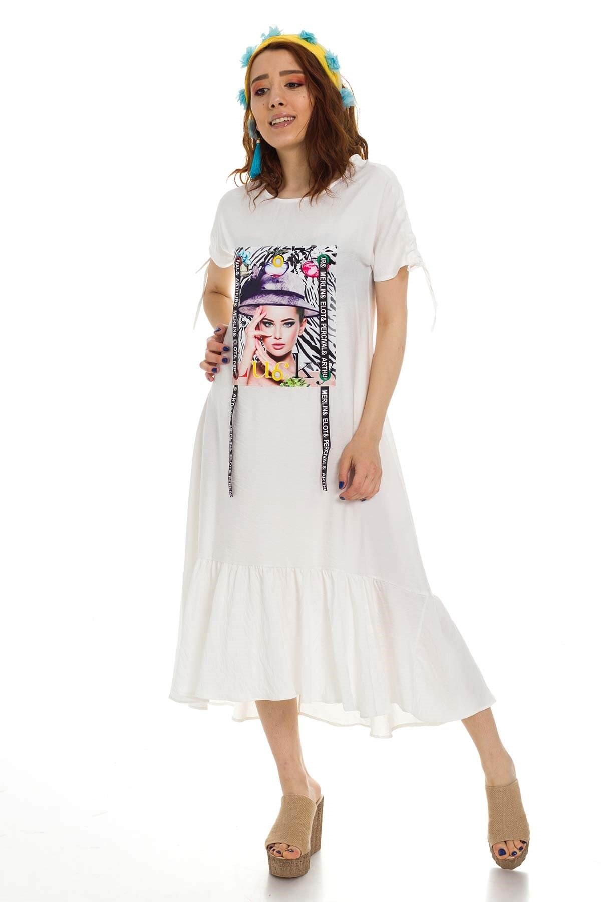 2020-829 Baskılı Keten Elbise