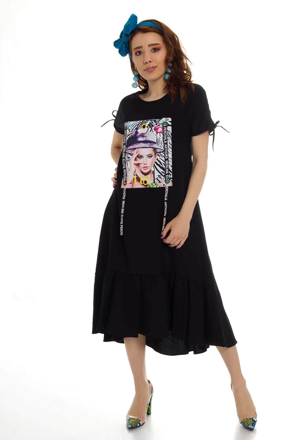 2020-829 Baskılı Keten Elbise