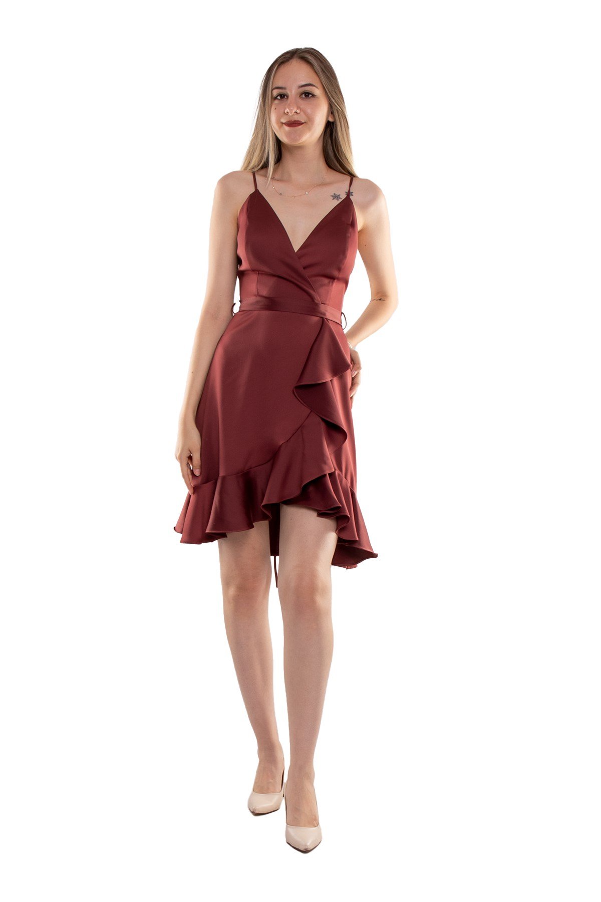 2020 KB Eteği Fırfırlı Sırt Bağlamalı Kısa Elbise