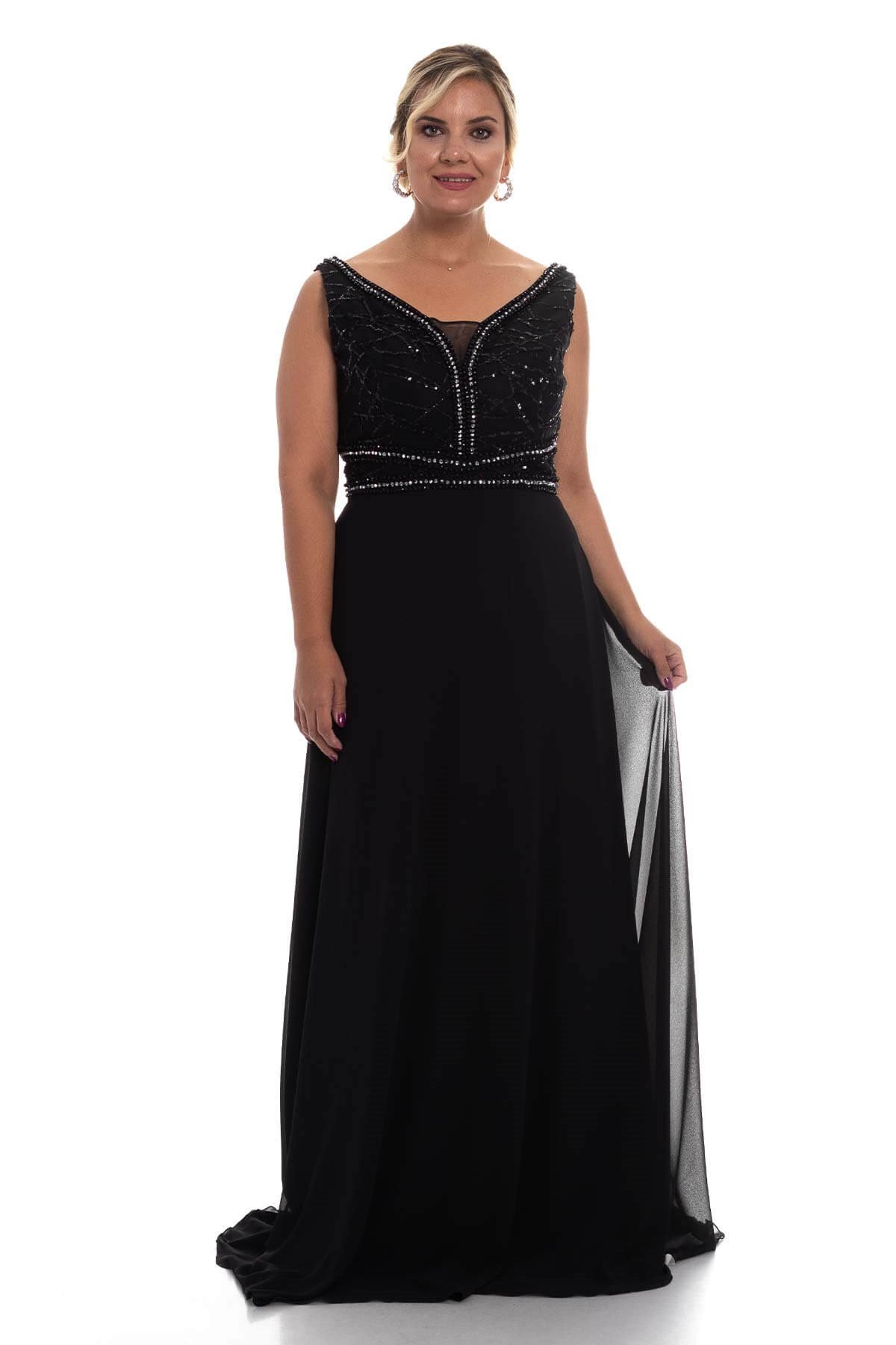 20202 BB Beli Taş Şerit Pul İşlemeli Krep Şifon Uzun Elbise