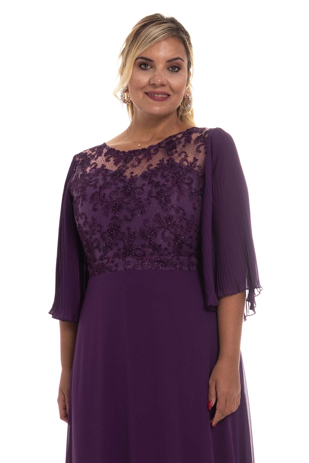 20208 BB Pilisekol Sim Nakış İşleme Şifon Krep Elbise