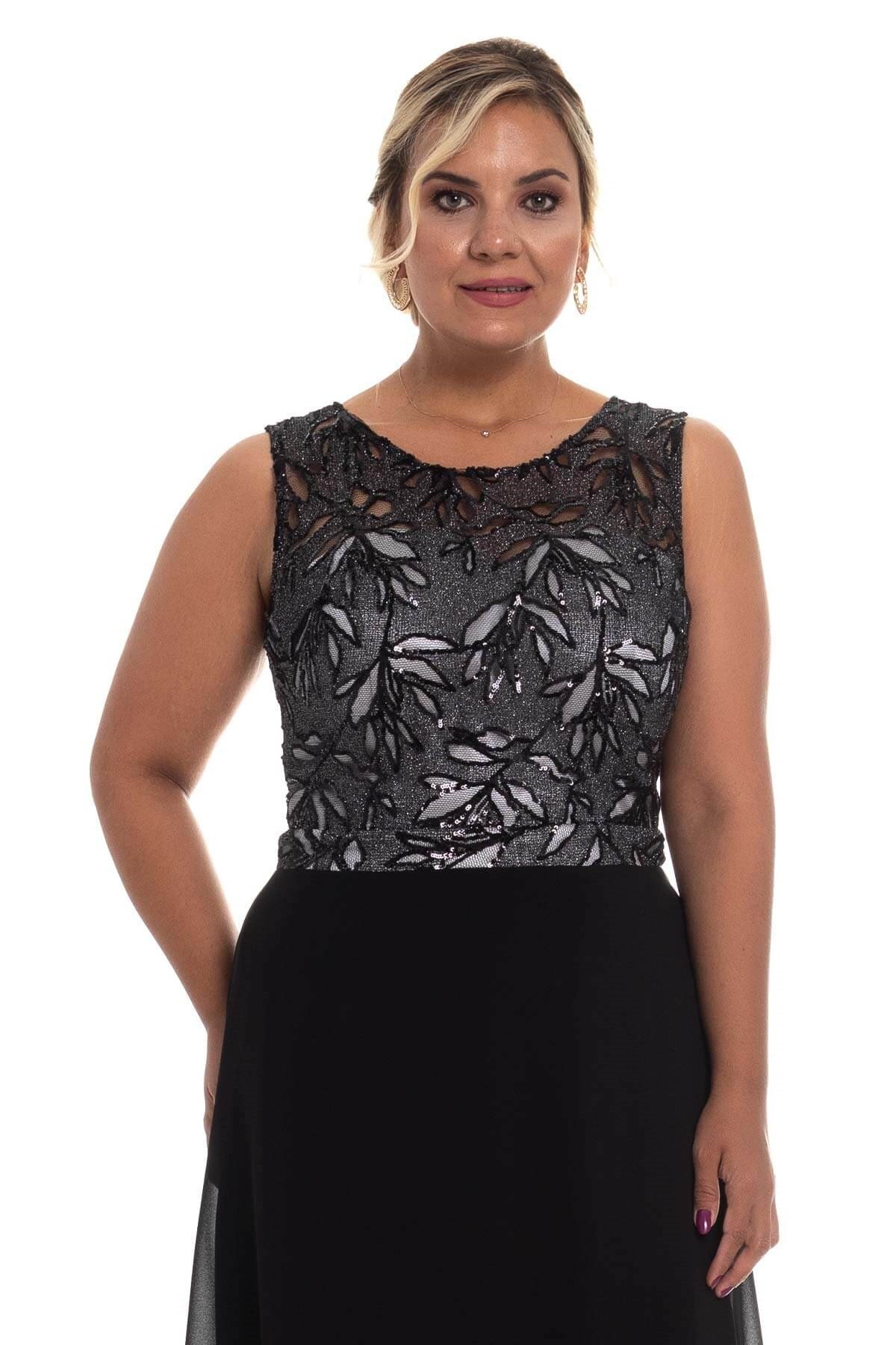 20213 BB Yaprak Desen Payetli Uzun Simli Abiye