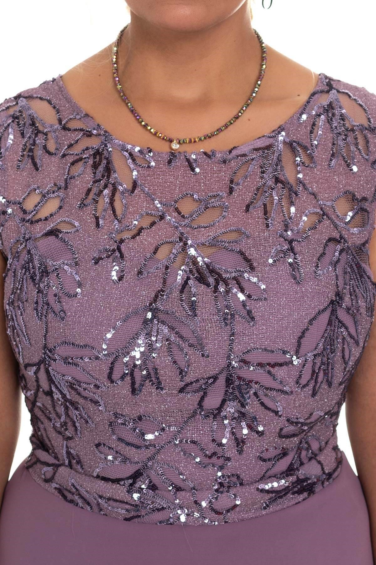 20213 BB Yaprak Desen Payetli Uzun Simli Abiye