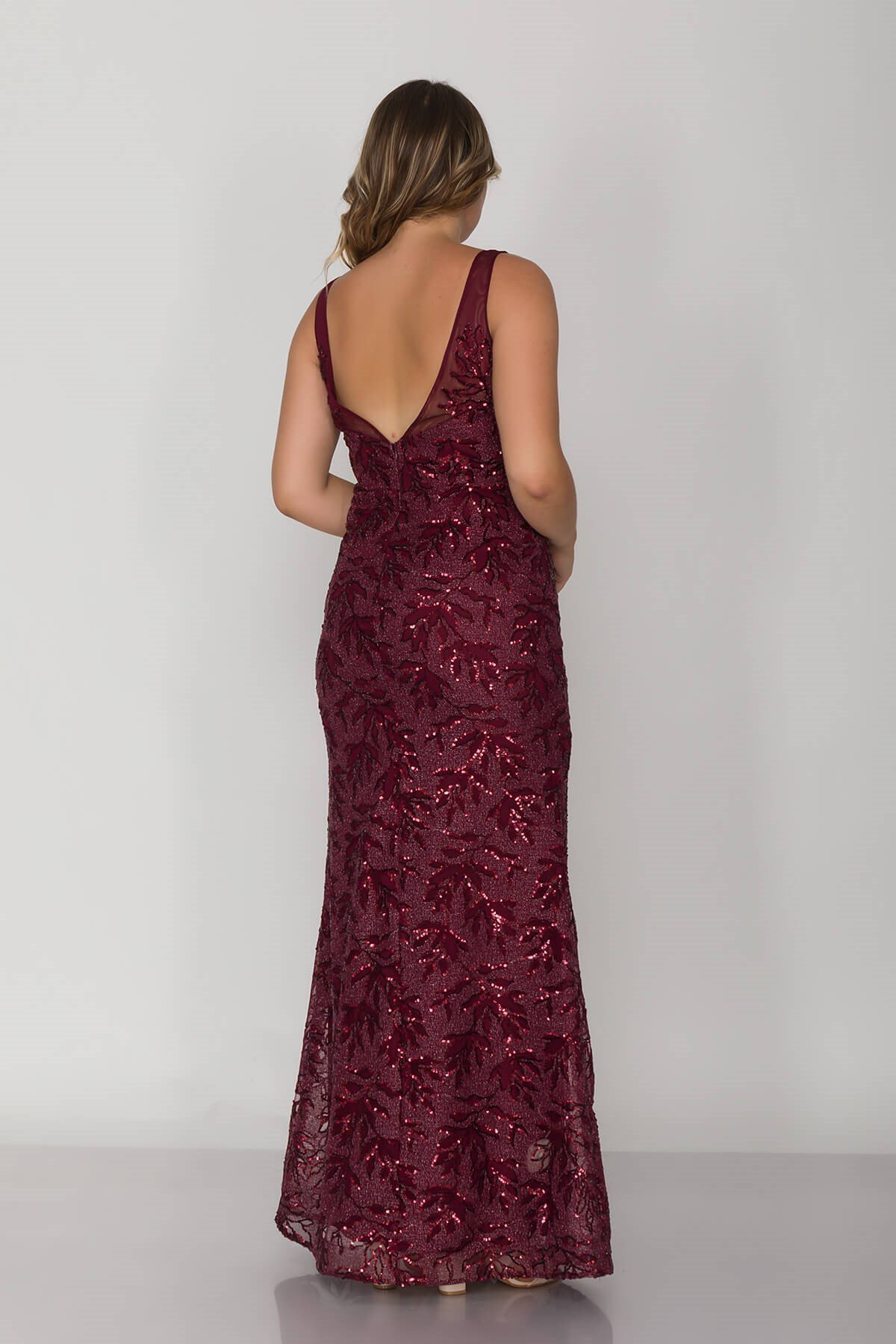 20214 Büyük Beden Yaprak Desen Lazer Kesim Balık Uzun Abiye