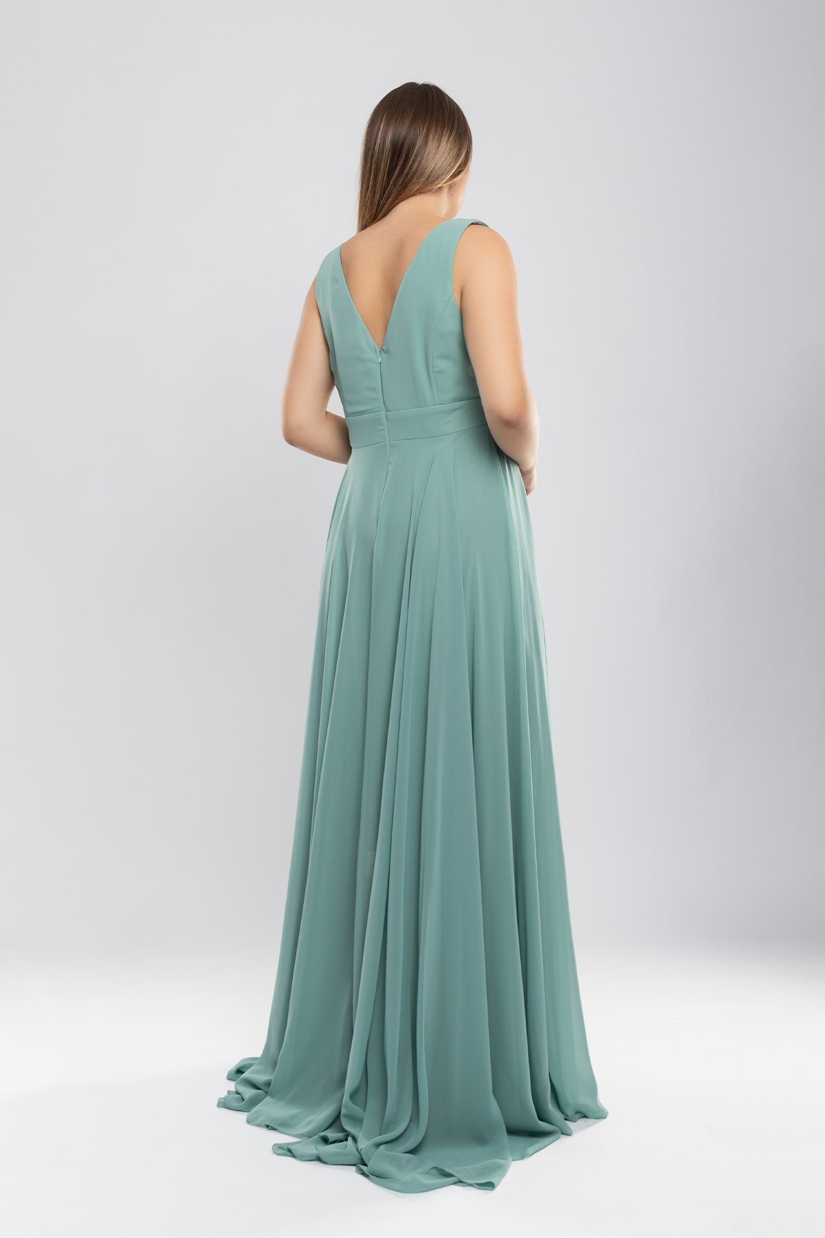 2023 Büyük Beden Kruvaze Yaka Astarlı Eteği Fırfır Detay Uzun Tül Elbise