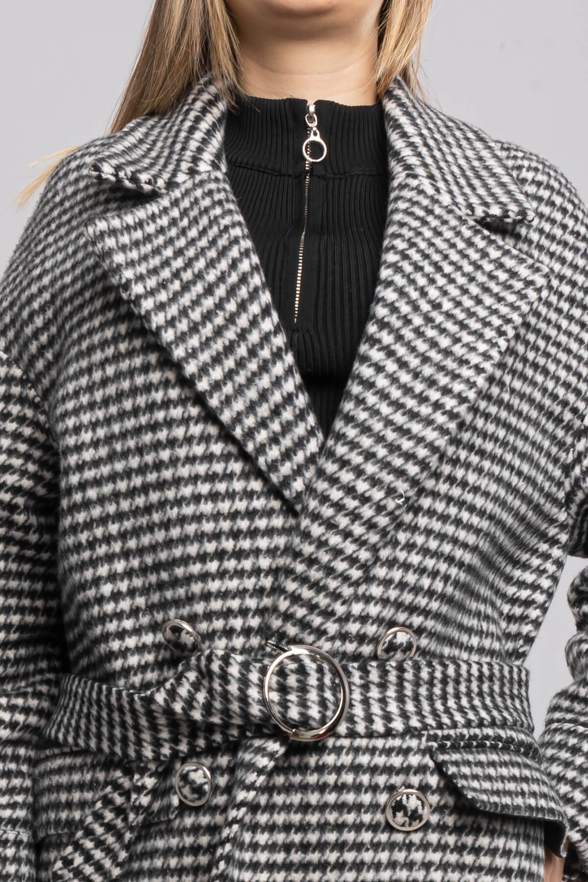 20252 Kazayağı Kuşaklı Düğmeli Pamuklu Uzun Kadın Kaban