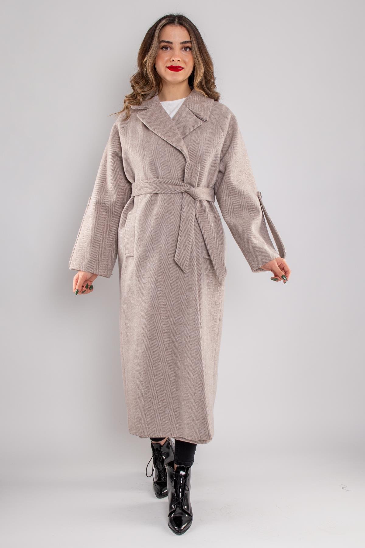 20266 Kırçıllı Kuşaklı Kadın Uzun Kaşe Kaban