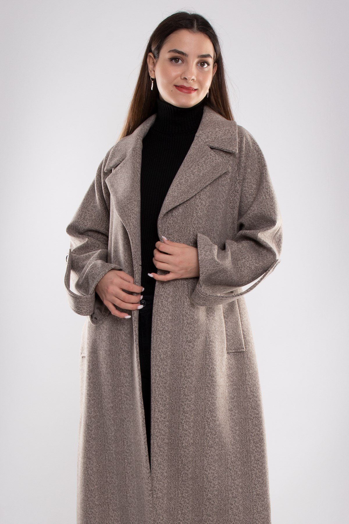 20266 Kırçıllı Kuşaklı Kadın Uzun Kaşe Kaban