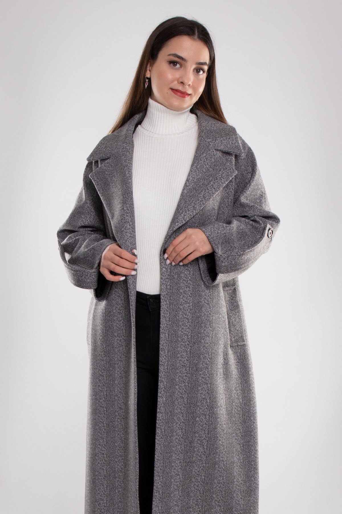 20266 Kırçıllı Kuşaklı Kadın Uzun Kaşe Kaban