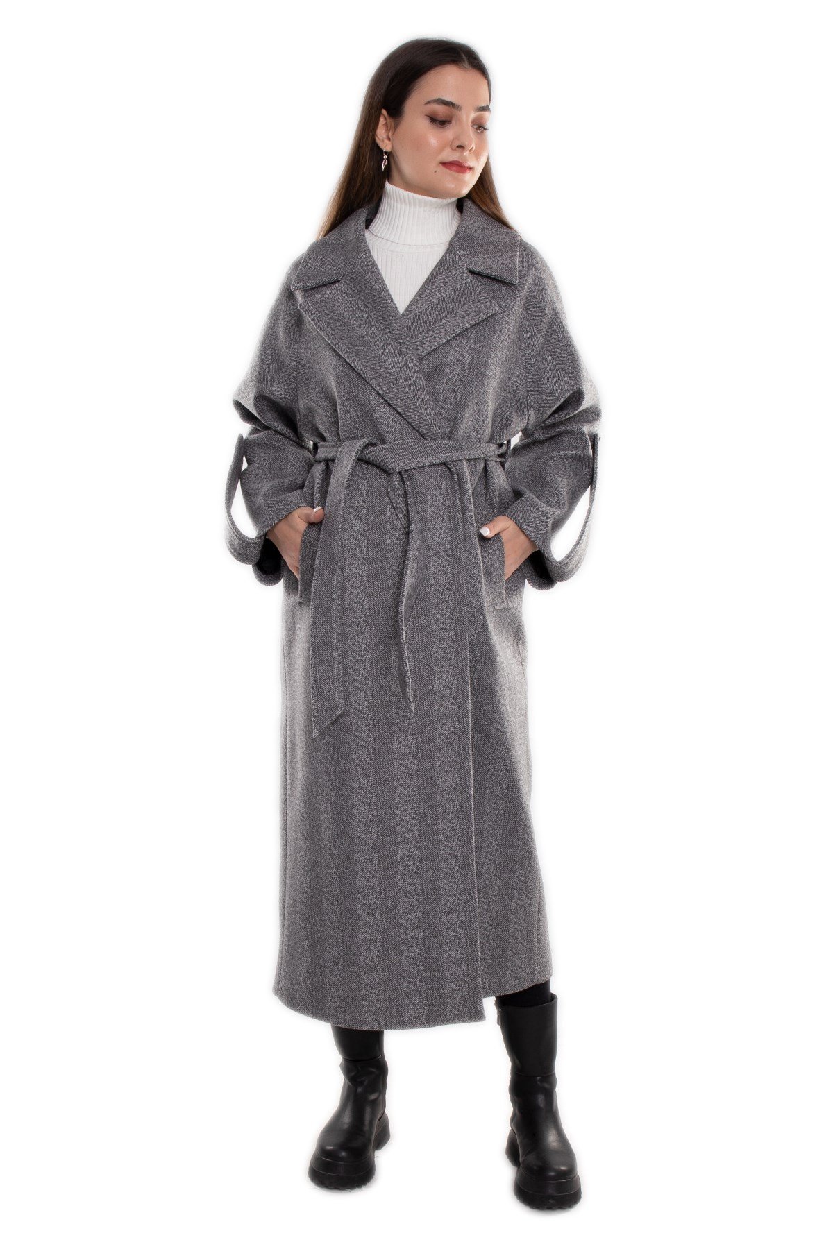 20266 Kırçıllı Kuşaklı Kadın Uzun Kaşe Kaban