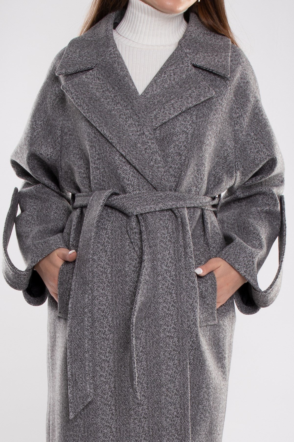 20266 Kırçıllı Kuşaklı Kadın Uzun Kaşe Kaban