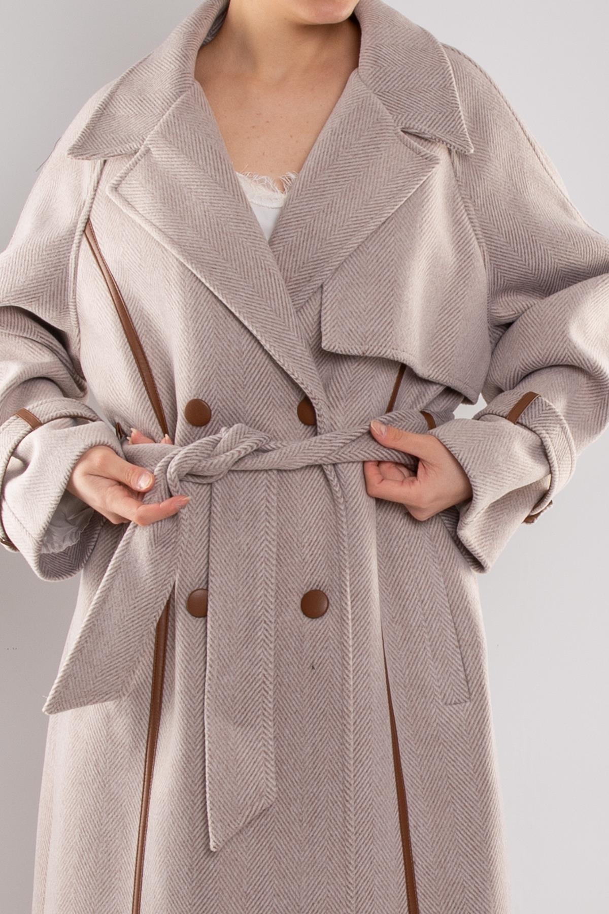 20268 Kırçıllı Kol Apoletli Deri Detay Düğmeli Uzun Kaşe Kaban