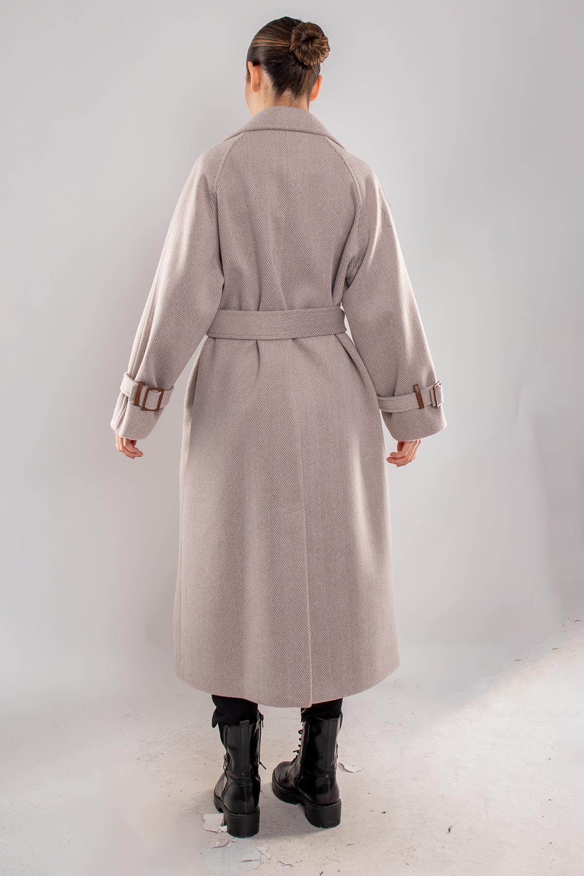 20268 Kırçıllı Kol Apoletli Deri Detay Düğmeli Uzun Kaşe Kaban