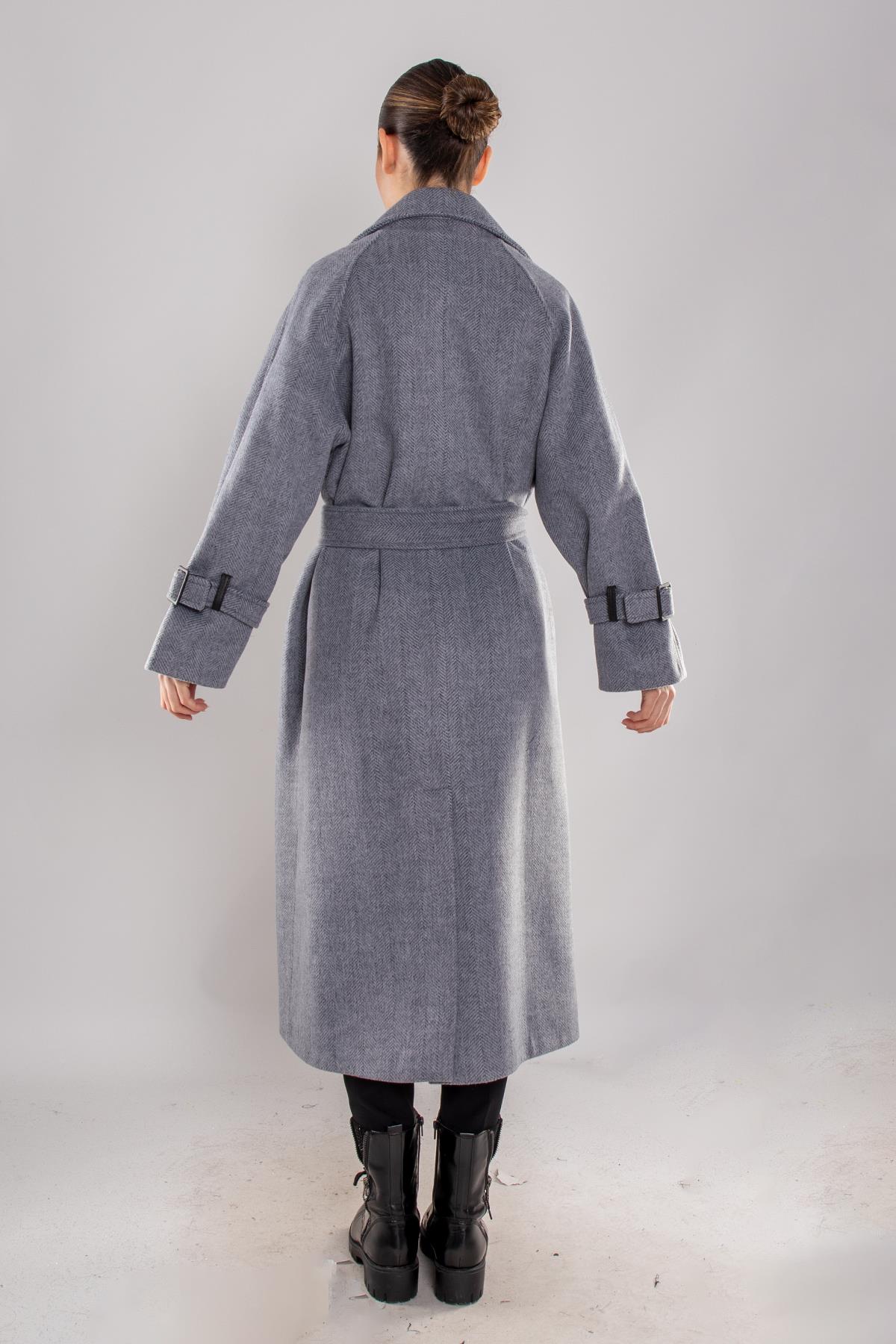 20268 Kırçıllı Kol Apoletli Deri Detay Düğmeli Uzun Kaşe Kaban