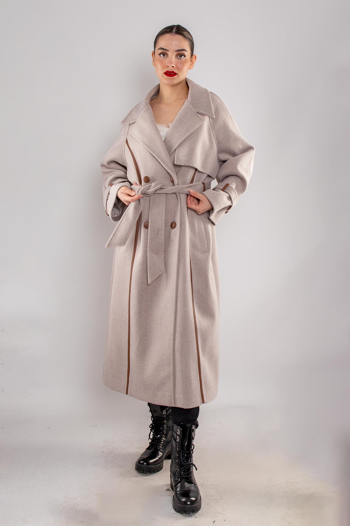 20268 Kırçıllı Kol Apoletli Deri Detay Düğmeli Uzun Kaşe Kaban