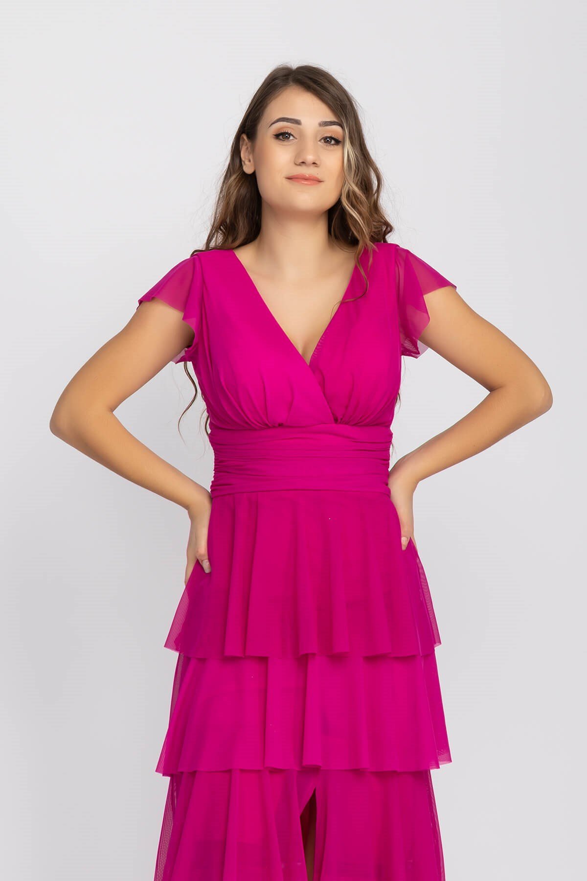 2040 KB Eteği Katkat Kruvaze Yaka Uzun Elbise