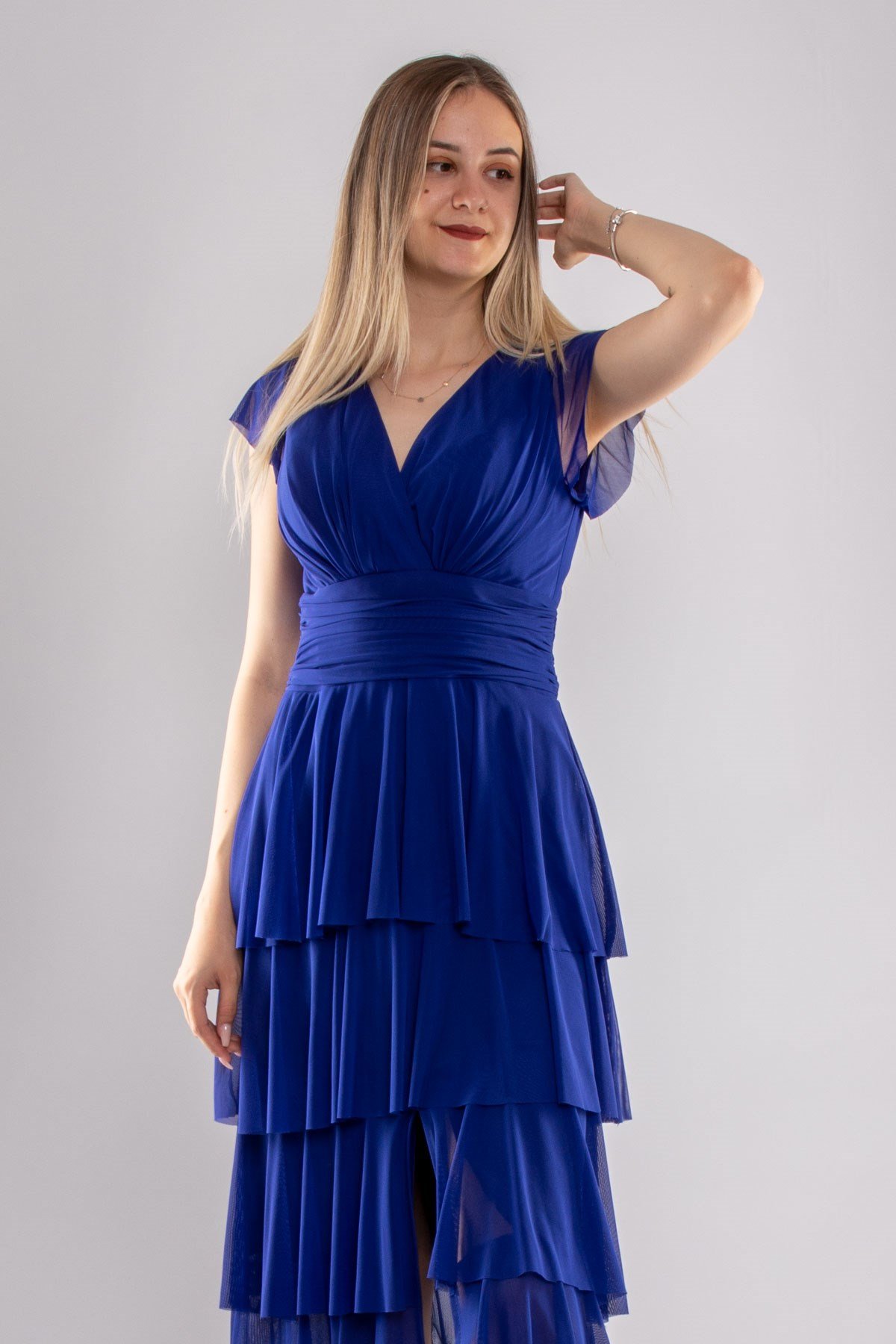 2040 KB Eteği Katkat Kruvaze Yaka Uzun Elbise