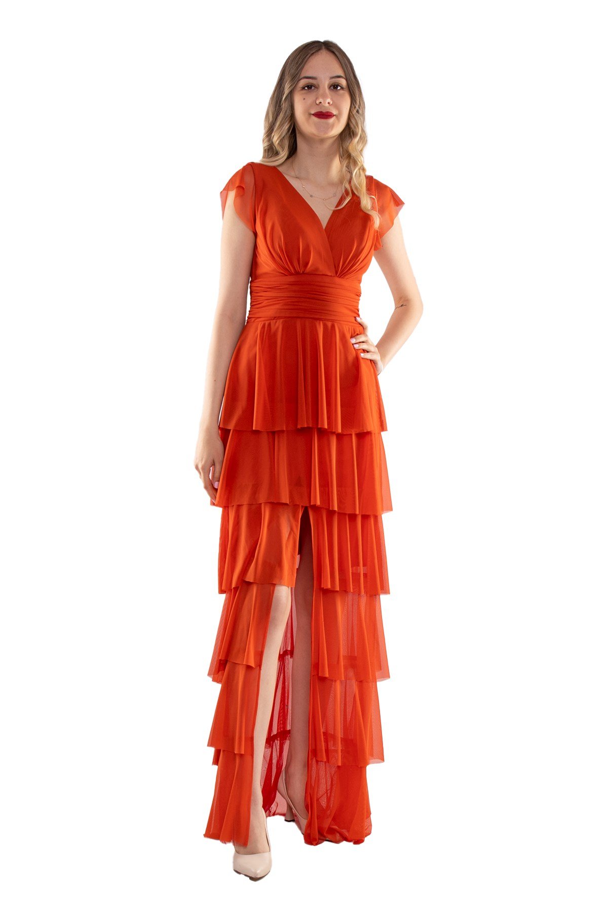 2040 KB Eteği Katkat Kruvaze Yaka Uzun Elbise