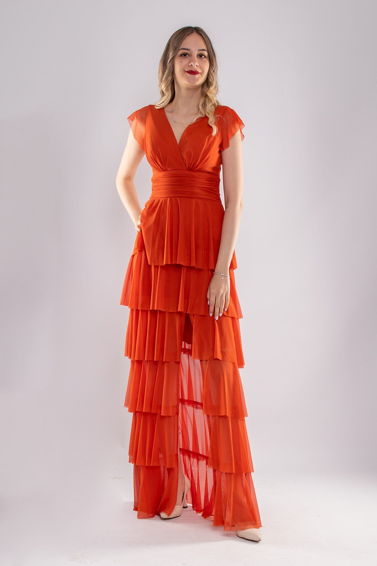 2040 KB Eteği Katkat Kruvaze Yaka Uzun Elbise