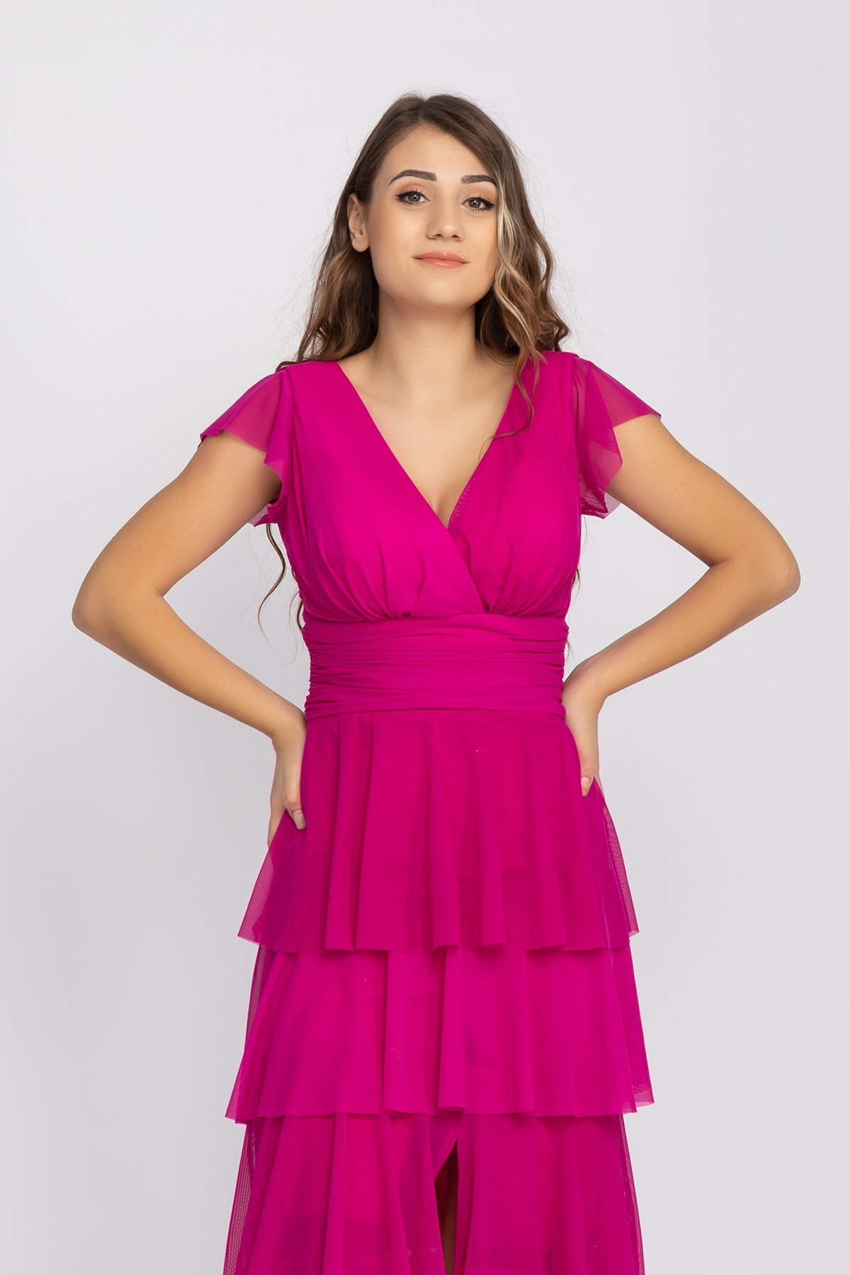 2040 KB Eteği Katkat Kruvaze Yaka Uzun Elbise