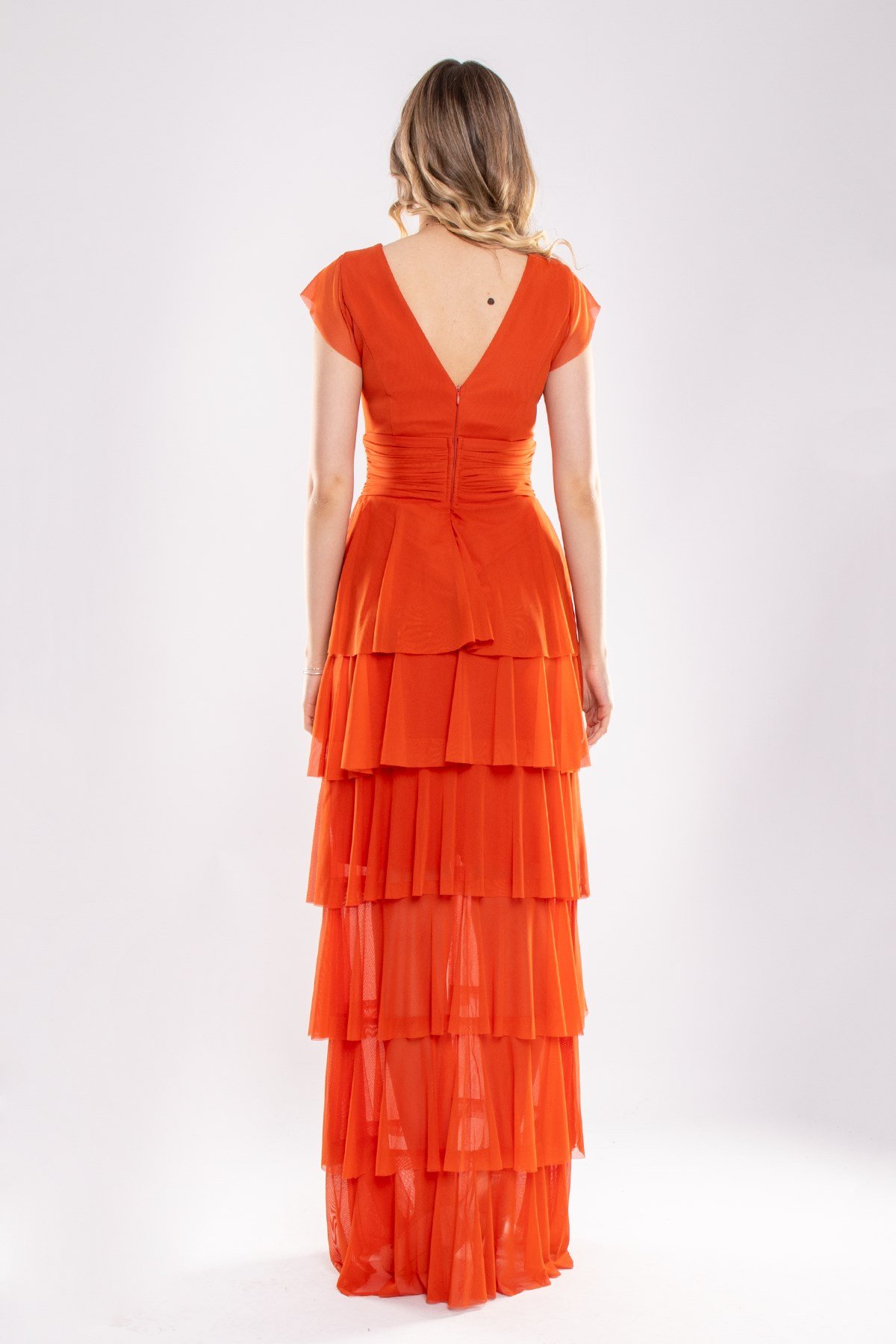 2040 KB Eteği Katkat Kruvaze Yaka Uzun Elbise