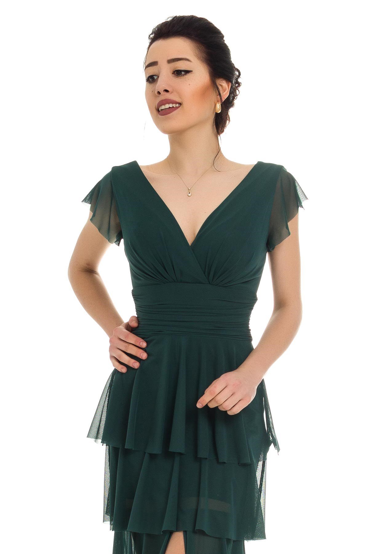 2040 KB Eteği Katkat Kruvaze Yaka Uzun Elbise