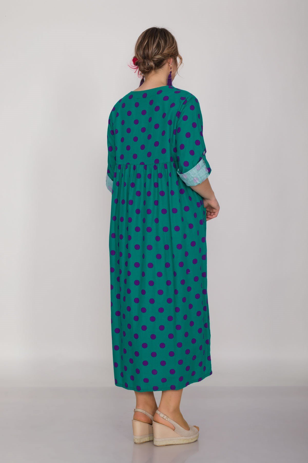 2041-1 İri Puantiyeli Cepli FakirKol Pamuk Viscon Elbise