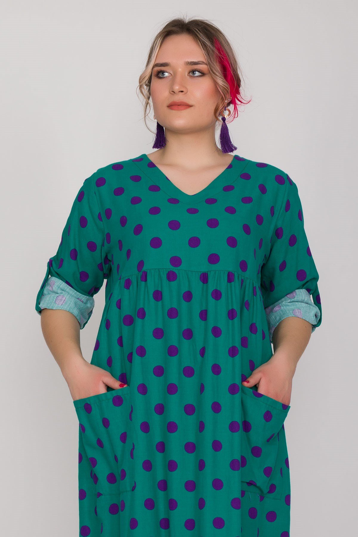 2041-1 İri Puantiyeli Cepli FakirKol Pamuk Viscon Elbise