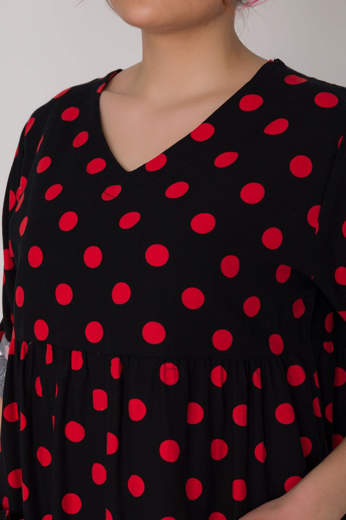 2041-1 İri Puantiyeli Cepli FakirKol Pamuk Viscon Elbise