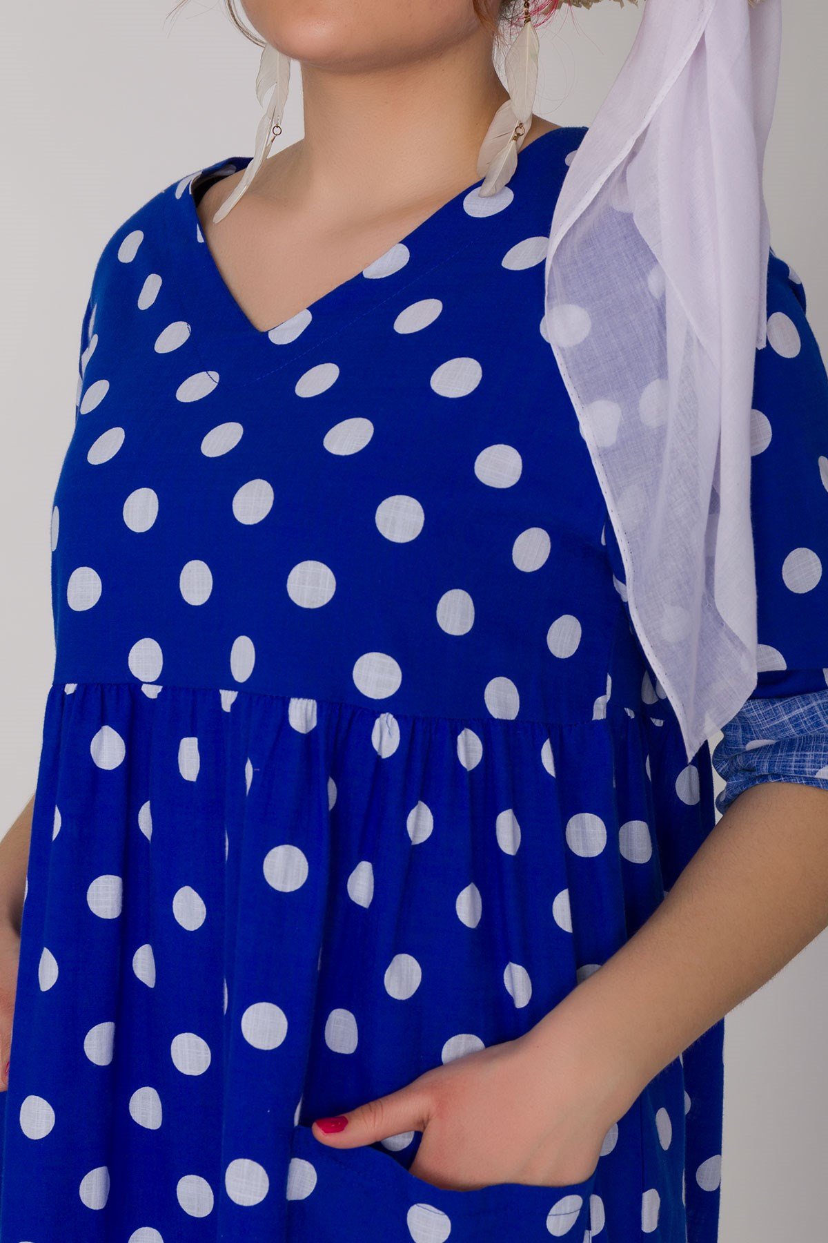 2041-1 İri Puantiyeli Cepli FakirKol Pamuk Viscon Elbise