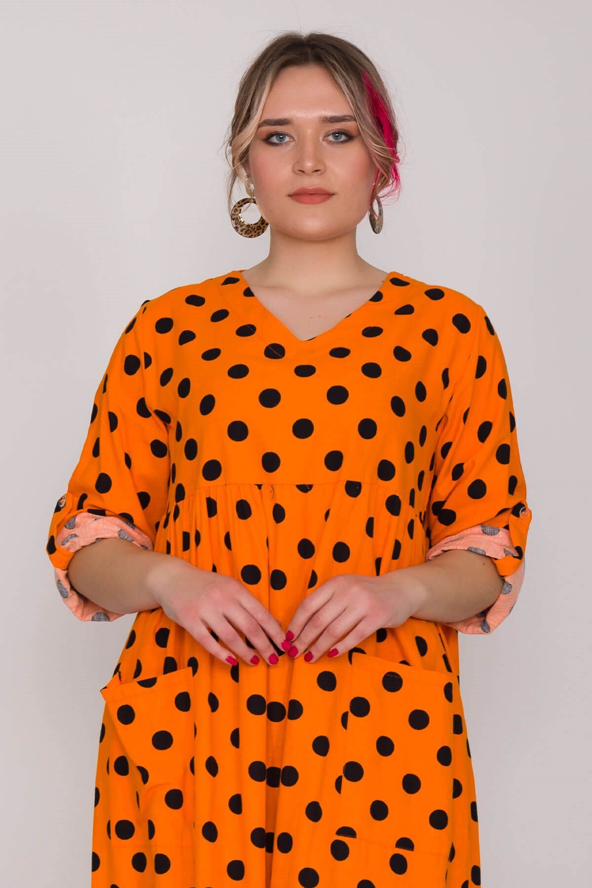 2041-1 İri Puantiyeli Cepli FakirKol Pamuk Viscon Elbise