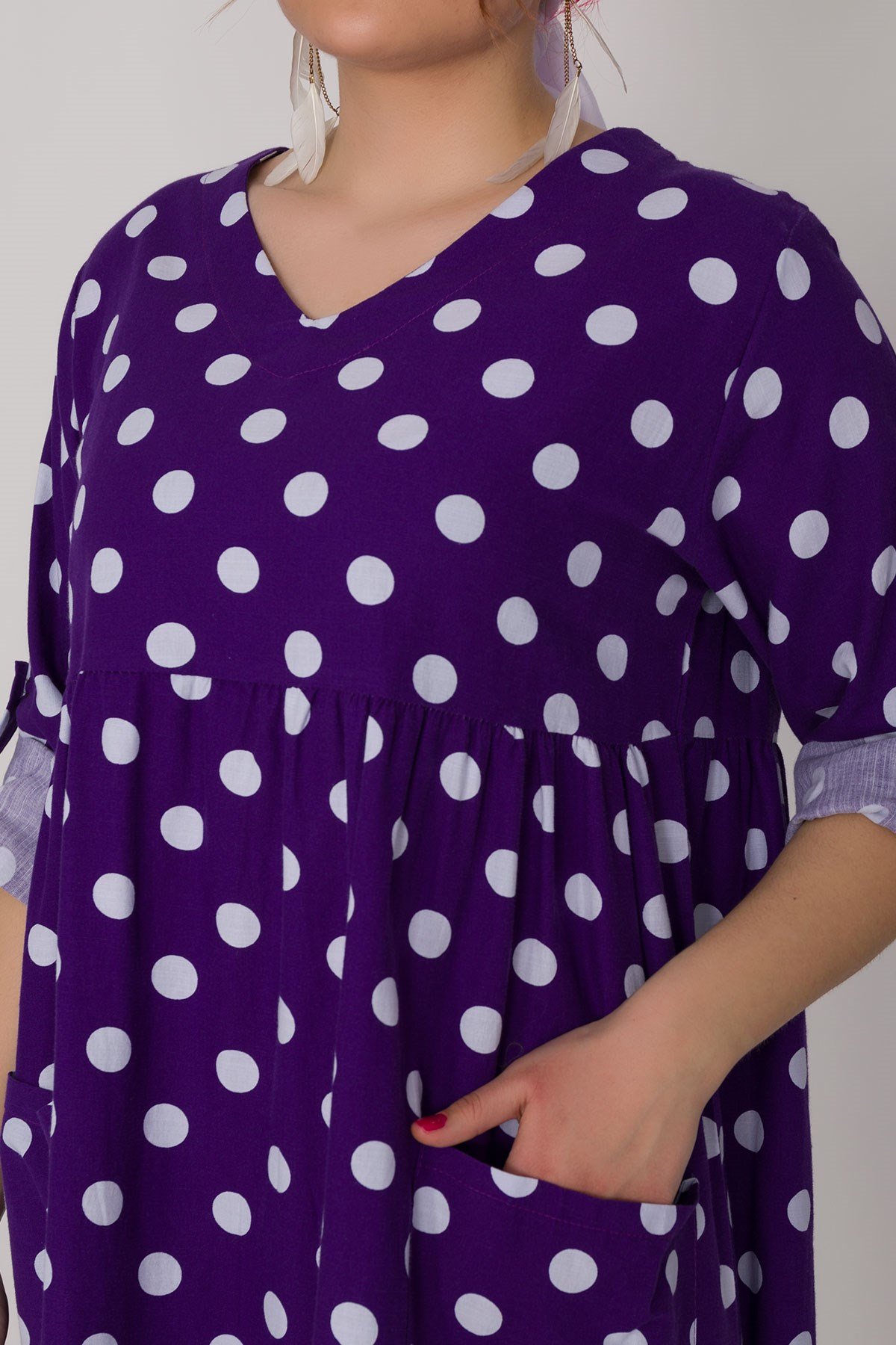 2041-1 İri Puantiyeli Cepli FakirKol Pamuk Viscon Elbise