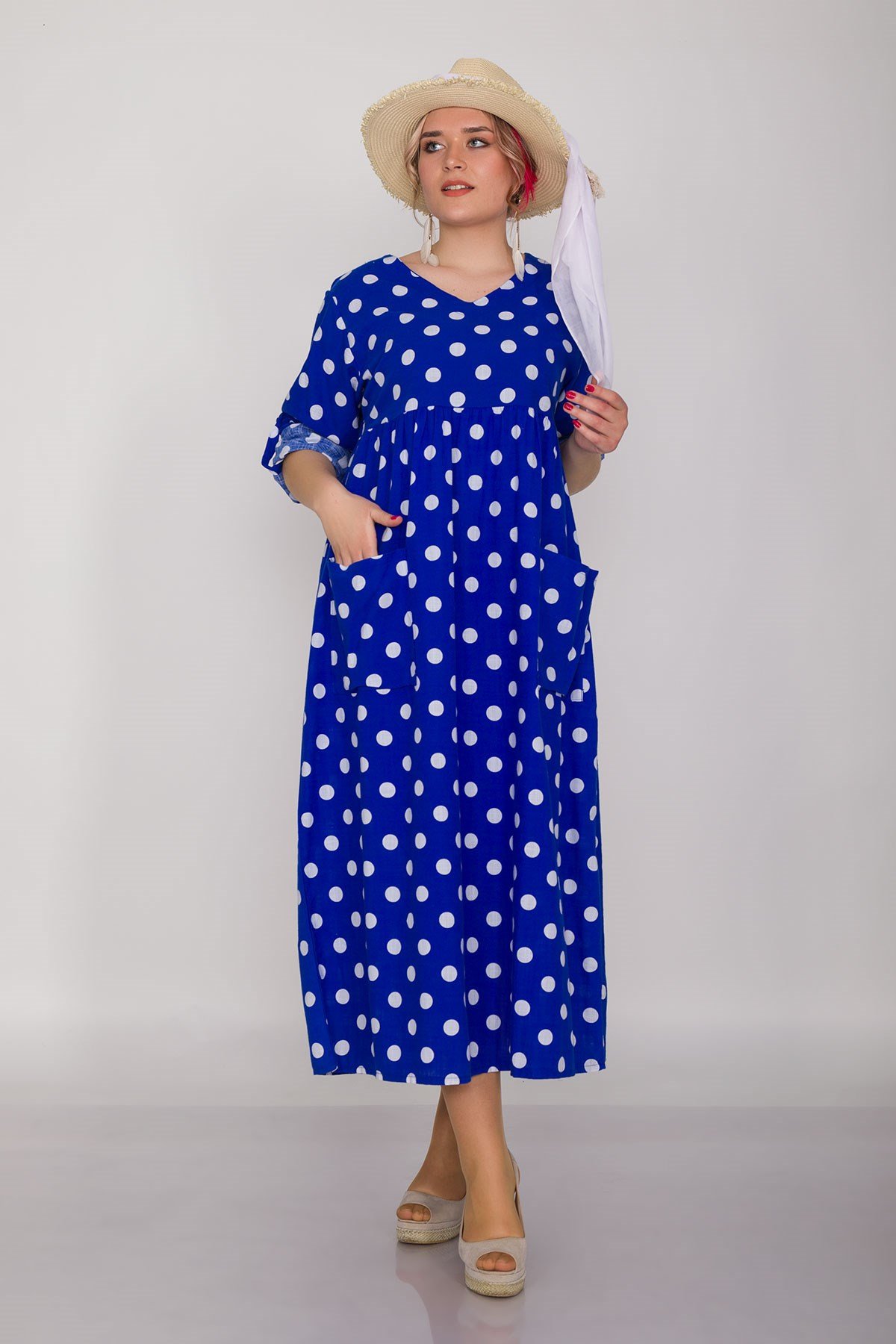 2041-1 İri Puantiyeli Cepli FakirKol Pamuk Viscon Elbise