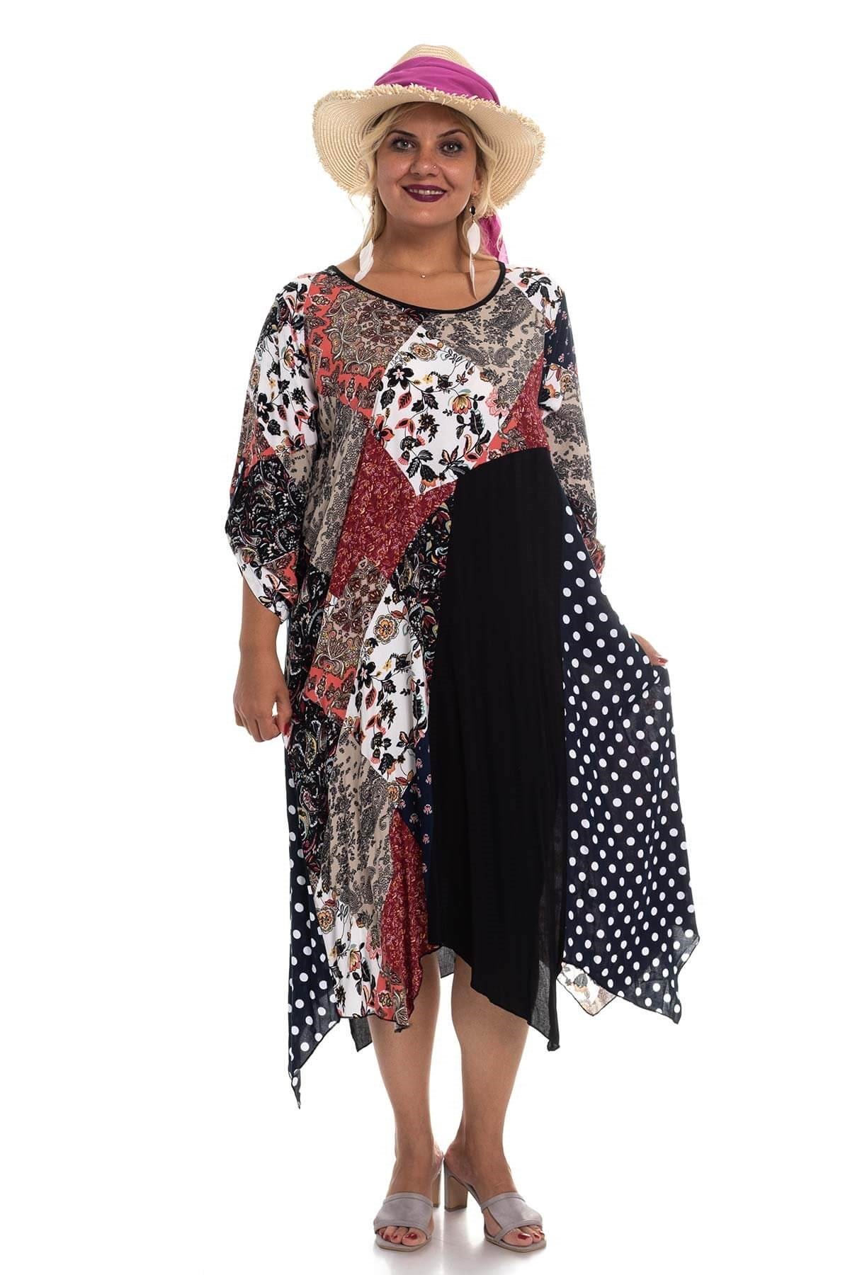 2045 BB Karışık Desen Etek Ucu Asimetrik Kesim Pmuk Viscon Elbise