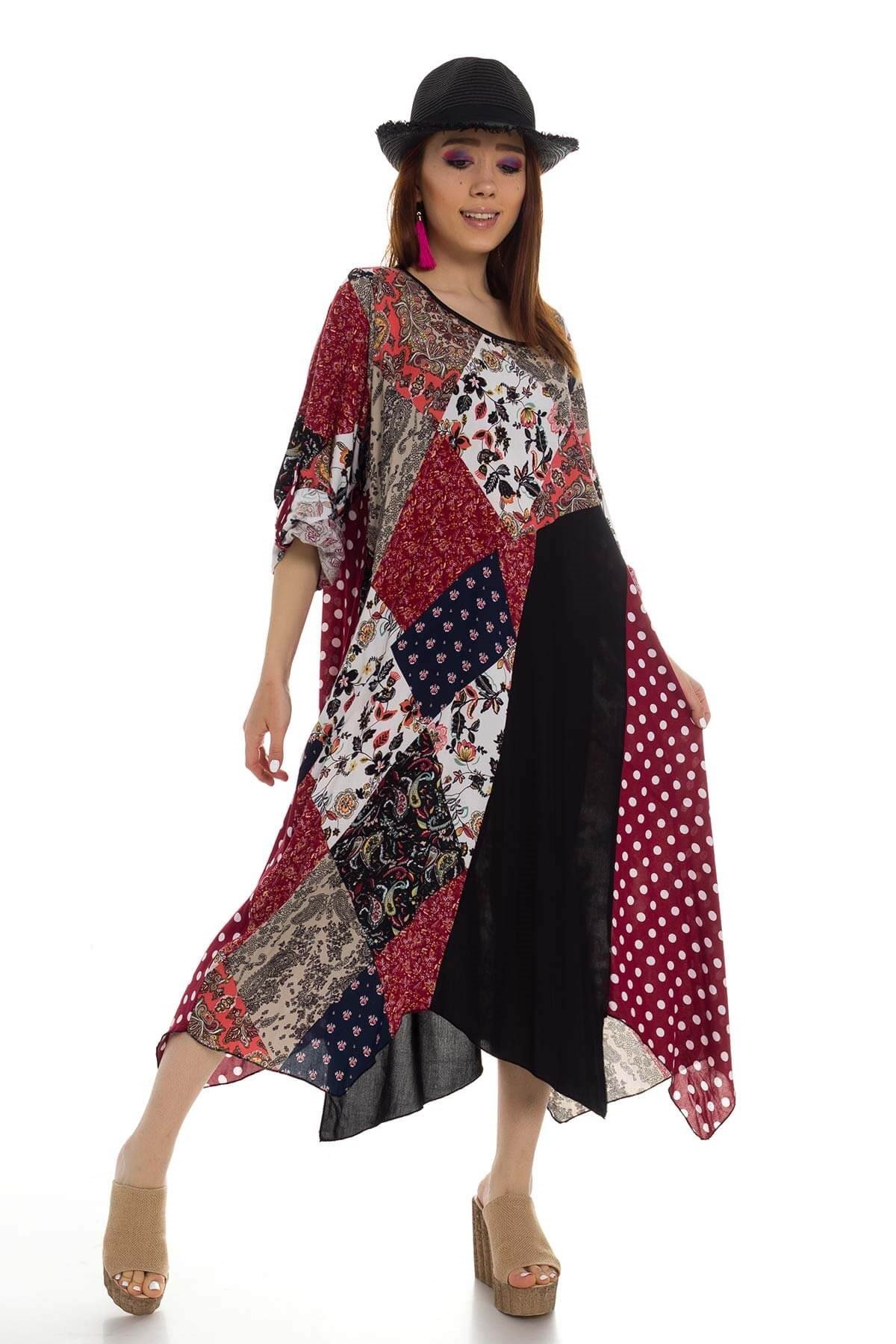 2045 BB Karışık Desen Etek Ucu Asimetrik Kesim Pmuk Viscon Elbise