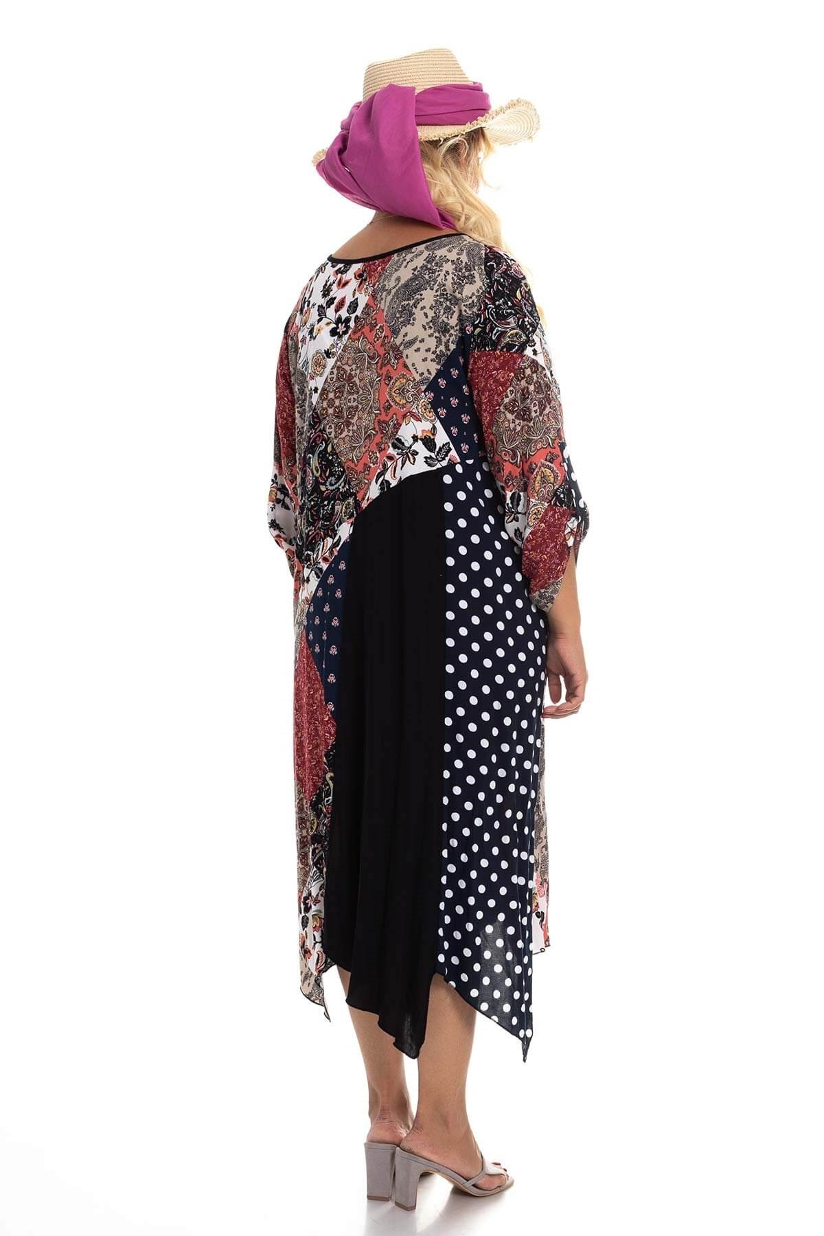 2045 BB Karışık Desen Etek Ucu Asimetrik Kesim Pmuk Viscon Elbise