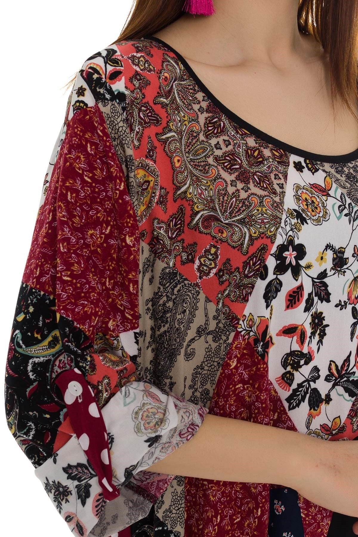 2045 BB Karışık Desen Etek Ucu Asimetrik Kesim Pmuk Viscon Elbise