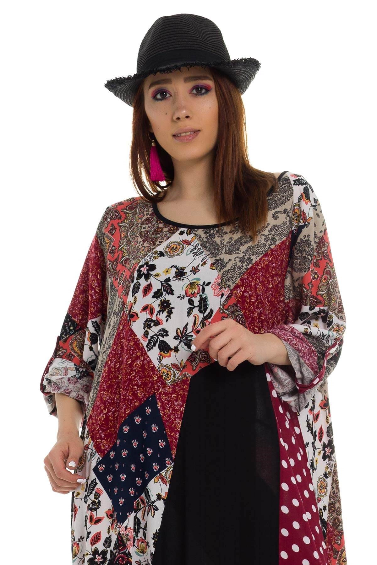 2045 BB Karışık Desen Etek Ucu Asimetrik Kesim Pmuk Viscon Elbise