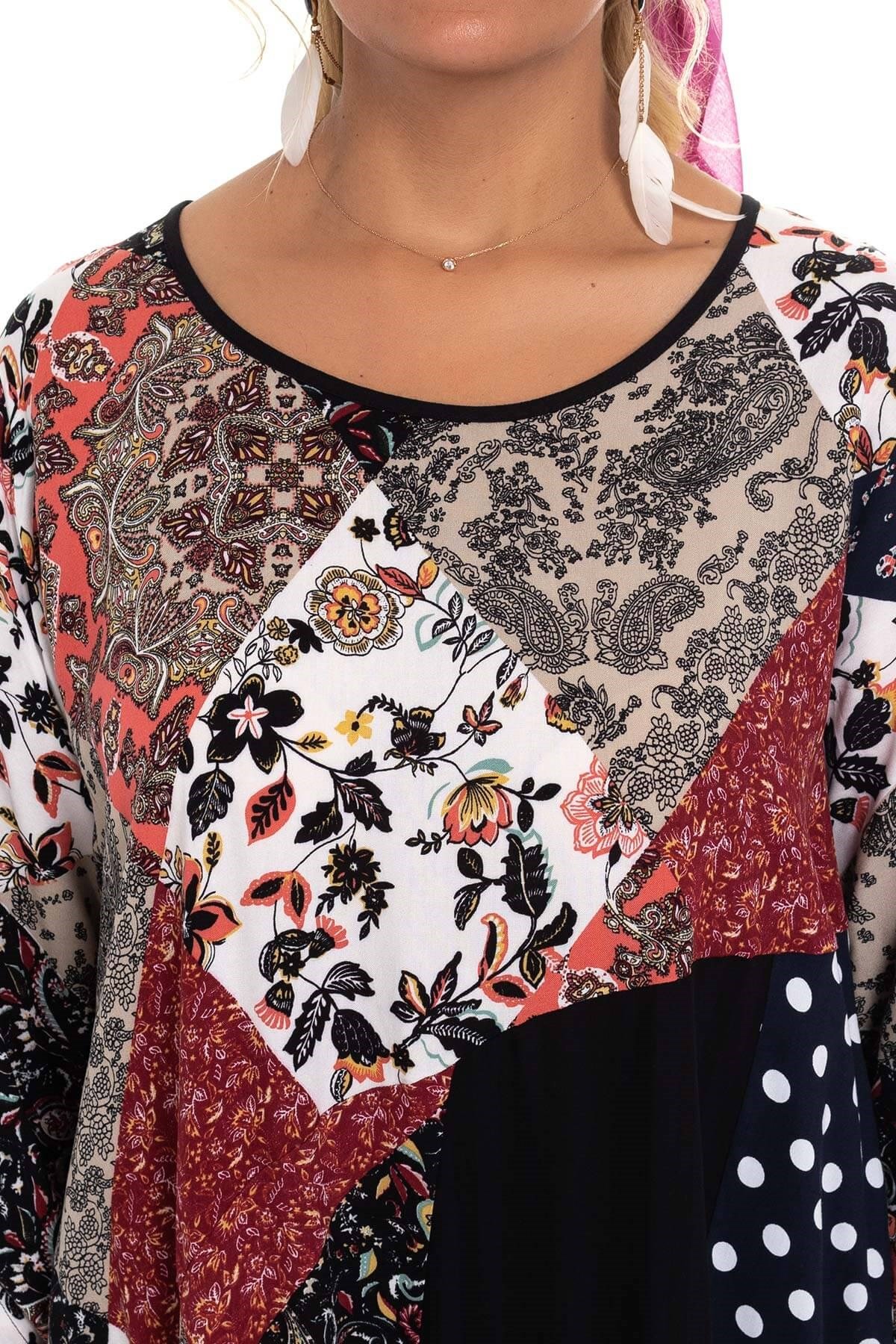 2045 BB Karışık Desen Etek Ucu Asimetrik Kesim Pmuk Viscon Elbise