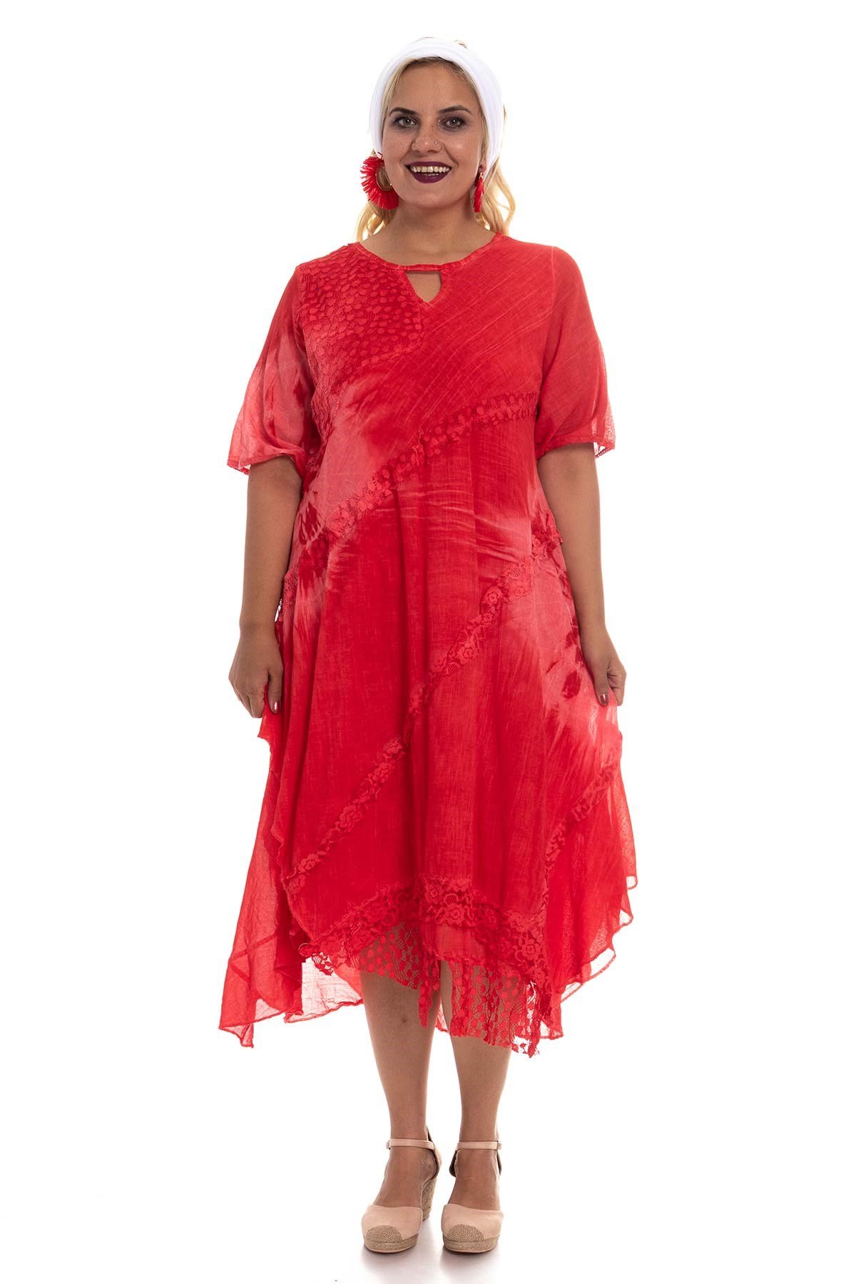 2049 Asimetrik Güpür Detay K.Kol Pamuk Batik Elbise