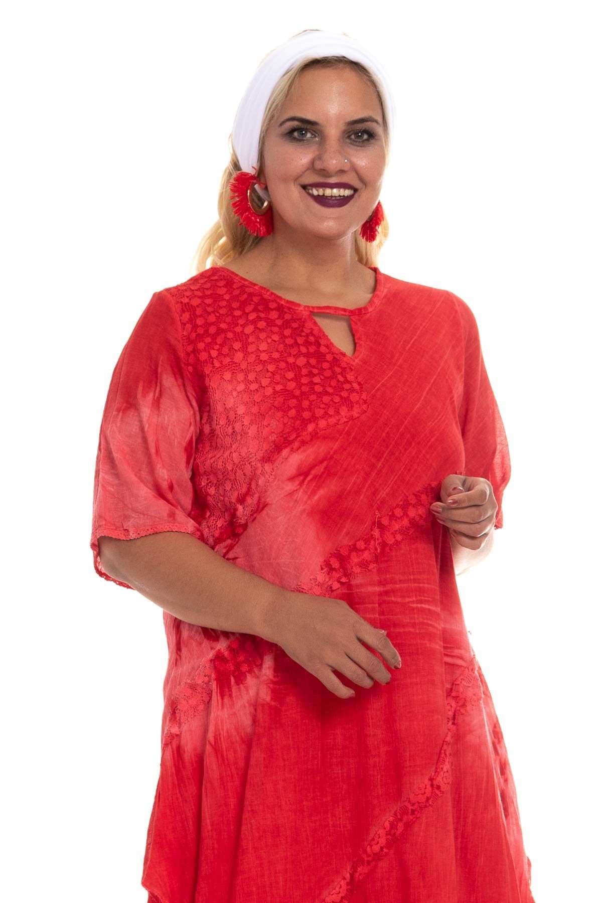 2049 Asimetrik Güpür Detay K.Kol Pamuk Batik Elbise