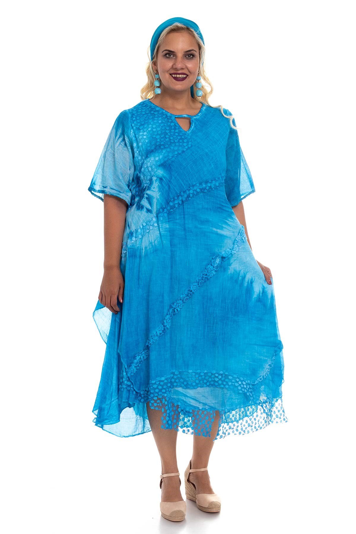 2049 Asimetrik Güpür Detay K.Kol Pamuk Batik Elbise